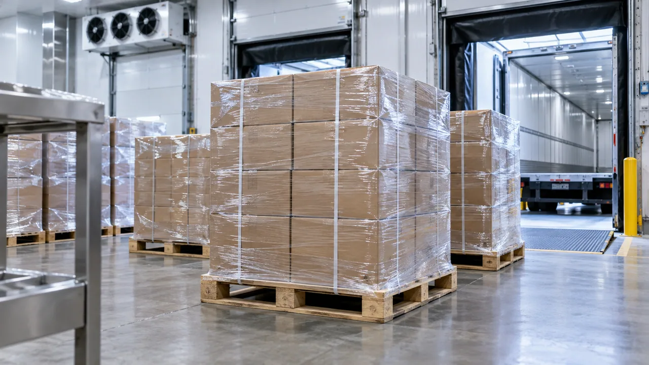 Representative wrapped pallets of boxed protein prepared for refrigerated transportation