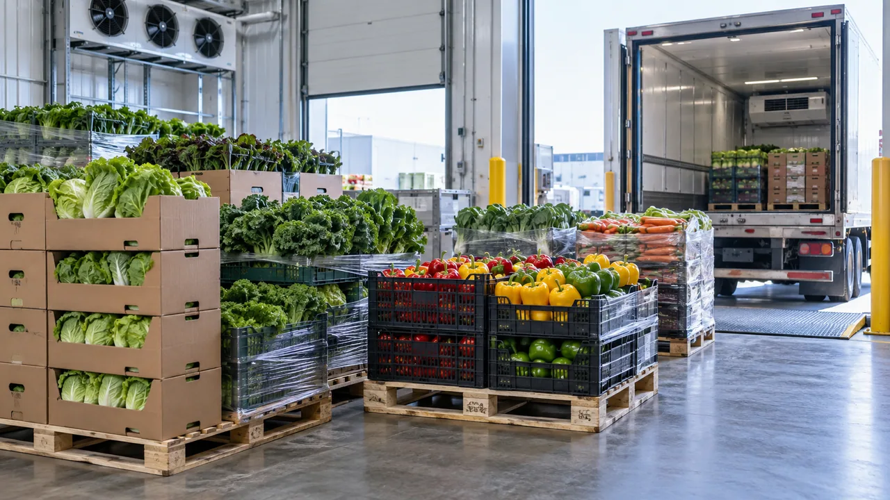Representative fresh produce pallets prepared for refrigerated truckload transportation