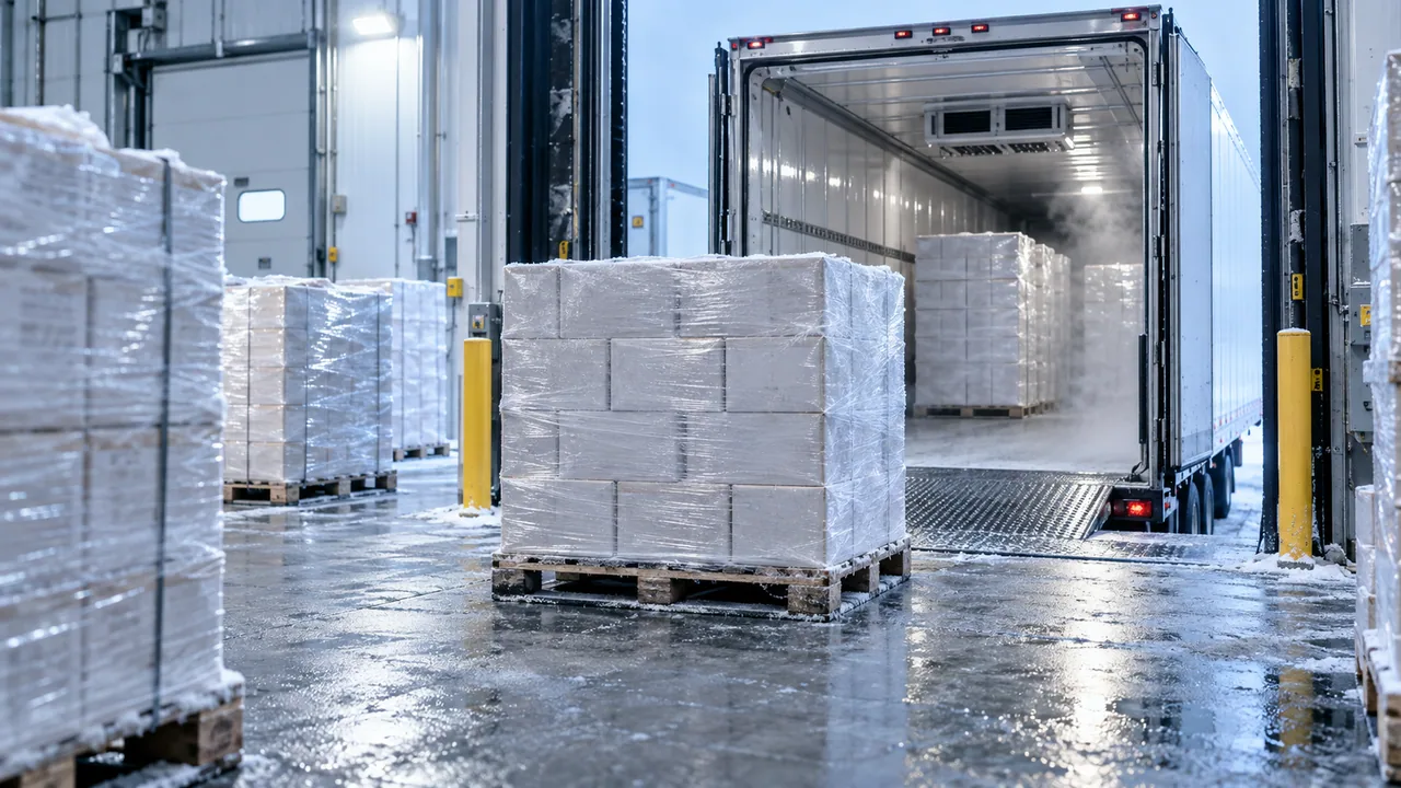 Representative frozen food pallets prepared for cold-chain truckload transportation