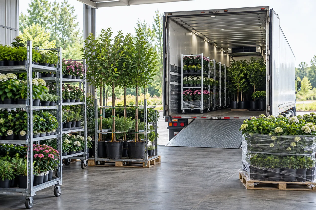 Representative live plants and young trees staged for temperature-managed transportation
